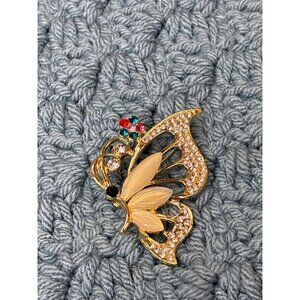 Butterfly Brooch Goldtone Multicolor Rhinestones 2 inches